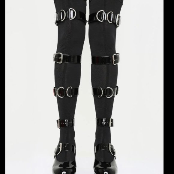 dolls kill sugar thrillz pvc thigh high buckle stocking heels - Picture 2 of 4